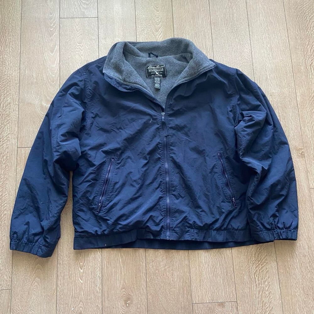 Vintage Eddie Bauer Fleece Lined Nylon Bomber Jacket Navy Blue Men’s XL Tall